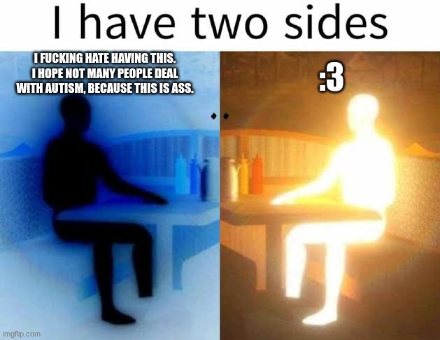 I have two sides | I FUCKING HATE HAVING THIS. I HOPE NOT MANY PEOPLE DEAL WITH AUTISM, BECAUSE THIS IS ASS. :3 | image tagged in i have two sides | made w/ Imgflip meme maker