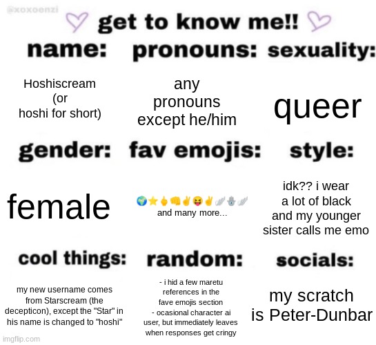 about me | Hoshiscream (or hoshi for short); any pronouns except he/him; queer; 🌍⭐🖕👊✌😝✌🪽🪬🪽 and many more... idk?? i wear a lot of black and my younger sister calls me emo; female; my scratch is Peter-Dunbar; - i hid a few maretu references in the fave emojis section
- ocasional character ai user, but immediately leaves when responses get cringy; my new username comes from Starscream (the decepticon), except the "Star" in his name is changed to "hoshi" | image tagged in get to know me but better | made w/ Imgflip meme maker