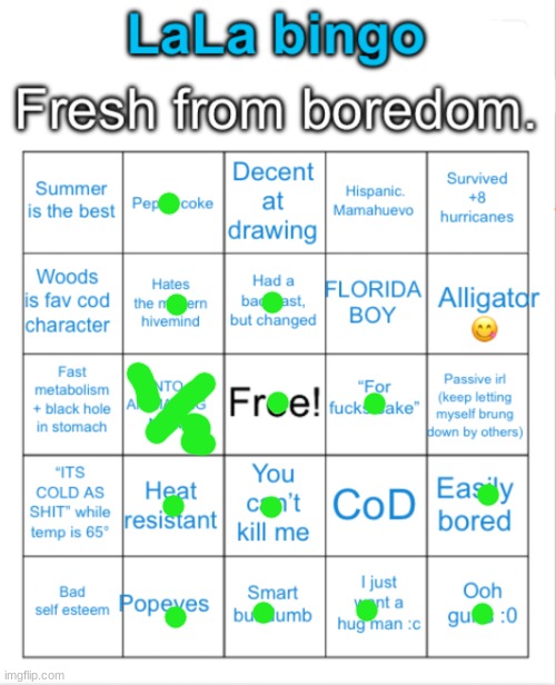 i technically didnt get a bingo | image tagged in another lala bingo | made w/ Imgflip meme maker