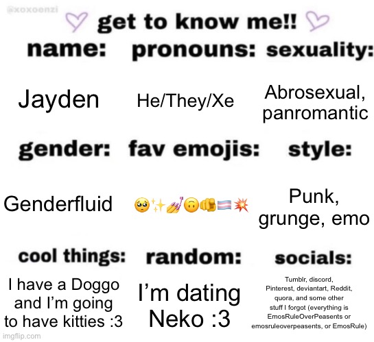 HOMOSEXUAL :3 | Jayden; He/They/Xe; Abrosexual, panromantic; 🥺✨💅🙃🫵🏳️‍⚧️💥; Punk, grunge, emo; Genderfluid; Tumblr, discord, Pinterest, deviantart, Reddit, quora, and some other stuff I forgot (everything is EmosRuleOverPeasents or emosruleoverpeasents, or EmosRule); I’m dating Neko :3; I have a Doggo and I’m going to have kitties :3 | image tagged in get to know me but better | made w/ Imgflip meme maker