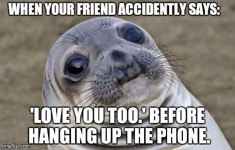 Awkward Moment Sealion Meme | WHEN YOUR FRIEND ACCIDENTLY SAYS: 'LOVE YOU TOO.'BEFORE HANGING UP THE PHONE. | image tagged in memes,awkward moment sealion | made w/ Imgflip meme maker