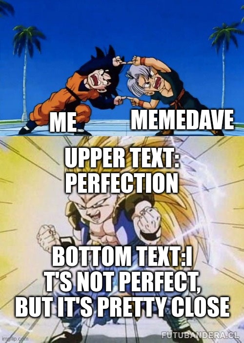 ME MEMEDAVE BOTTOM TEXT:I T'S NOT PERFECT, BUT IT'S PRETTY CLOSE UPPER TEXT: PERFECTION | image tagged in dbz fusion | made w/ Imgflip meme maker