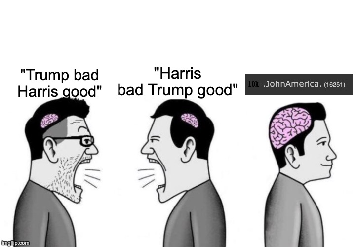 How the stream acts rn | "Harris bad Trump good"; "Trump bad Harris good" | image tagged in small brains arguing | made w/ Imgflip meme maker