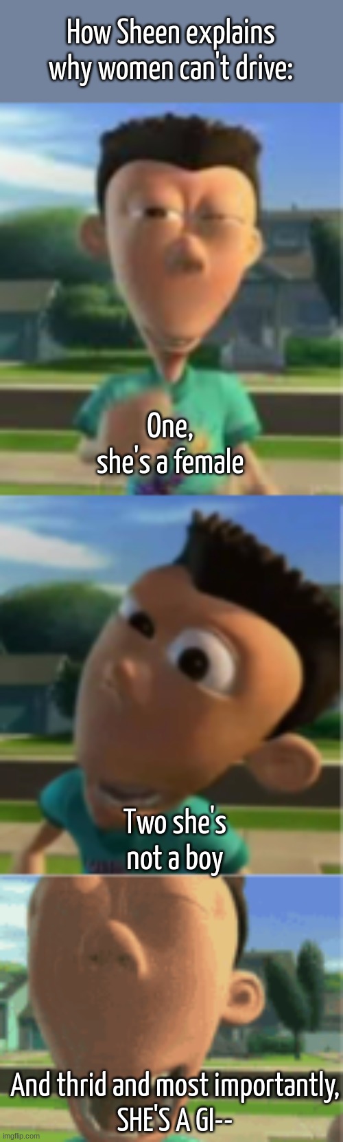 based off a real meme video | How Sheen explains why women can't drive:; One, she's a female; Two she's not a boy; And thrid and most importantly,
SHE'S A GI-- | image tagged in she's a girl | made w/ Imgflip meme maker