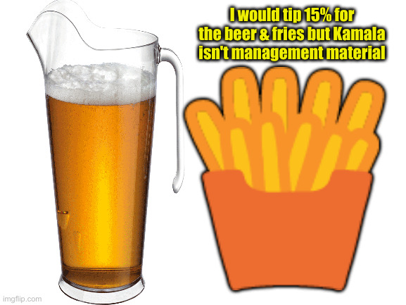 Don't Forget To Tip Your Server | I would tip 15% for the beer & fries but Kamala isn't management material; 🍟 | image tagged in blank white template,political meme,politics,funny memes,funny | made w/ Imgflip meme maker