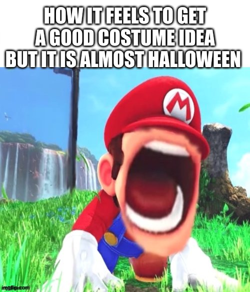 true | HOW IT FEELS TO GET A GOOD COSTUME IDEA BUT IT IS ALMOST HALLOWEEN | image tagged in mario screaming,funny memes,relatable,happy halloween | made w/ Imgflip meme maker