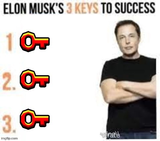 Elon Musk's 3 Keys To Success | image tagged in elon musk's 3 keys to success | made w/ Imgflip meme maker