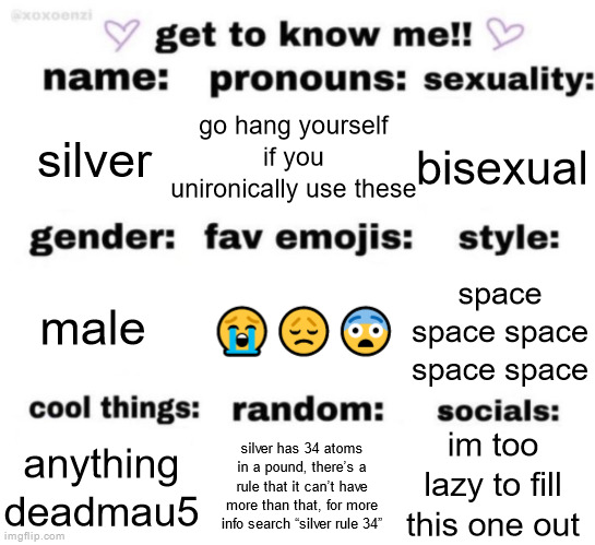 skbidi | go hang yourself if you unironically use these; silver; bisexual; 😭😞😨; space space space space space; male; im too lazy to fill this one out; silver has 34 atoms in a pound, there’s a rule that it can’t have more than that, for more info search “silver rule 34”; anything deadmau5 | image tagged in get to know me but better | made w/ Imgflip meme maker