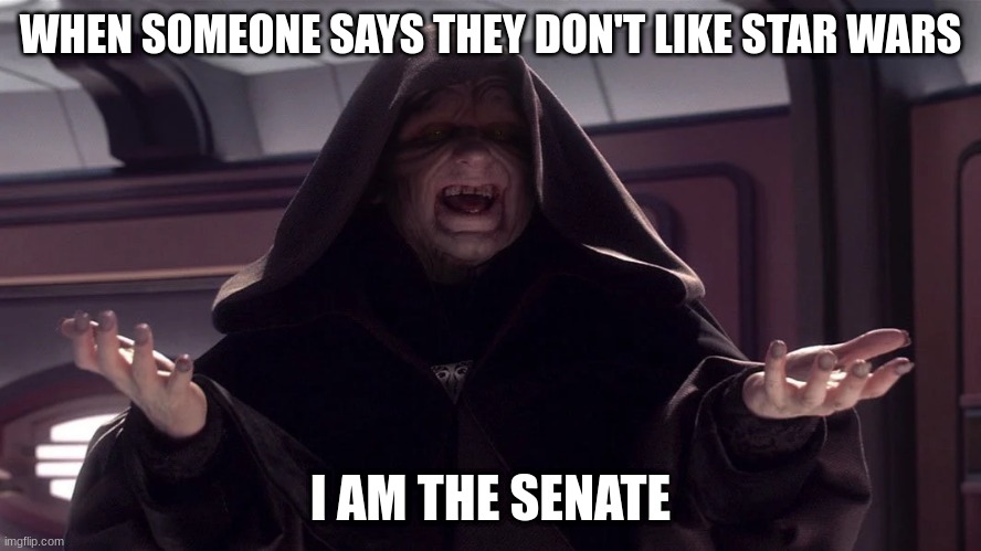 darth sidious | WHEN SOMEONE SAYS THEY DON'T LIKE STAR WARS; I AM THE SENATE | image tagged in darth sidious | made w/ Imgflip meme maker