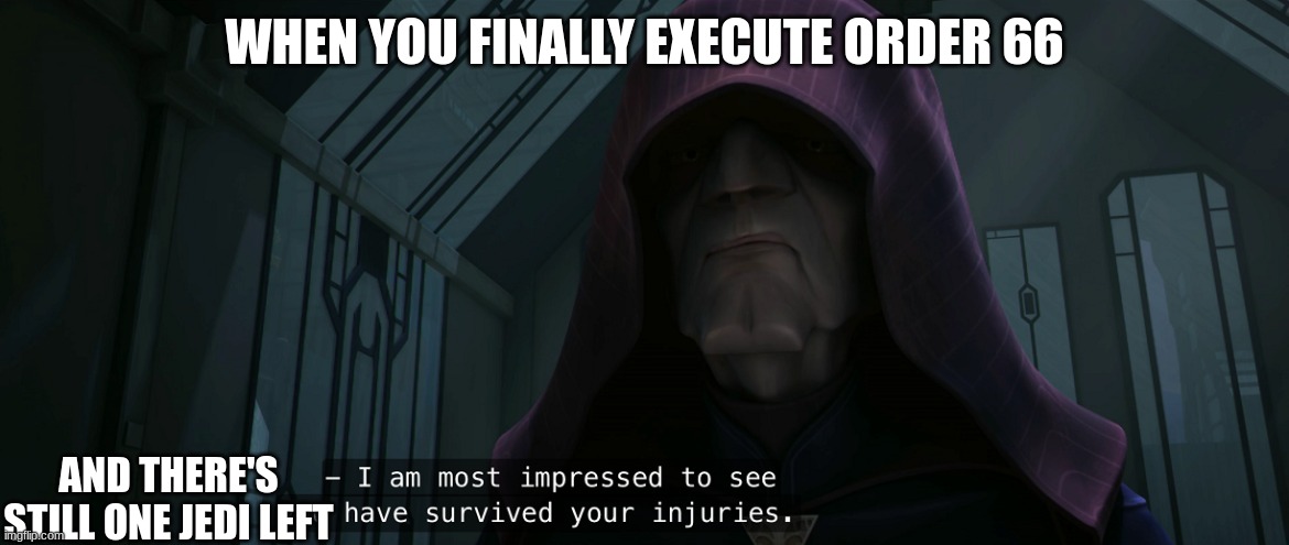 darth sidious | WHEN YOU FINALLY EXECUTE ORDER 66; AND THERE'S STILL ONE JEDI LEFT | image tagged in darth sidious | made w/ Imgflip meme maker