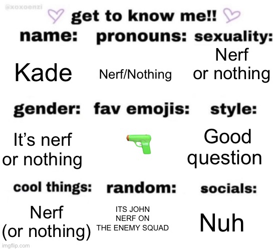 It’s nerf or nothing | Nerf or nothing; Kade; Nerf/Nothing; 🔫; Good question; It’s nerf or nothing; ITS JOHN NERF ON THE ENEMY SQUAD; Nuh; Nerf (or nothing) | image tagged in get to know me but better | made w/ Imgflip meme maker