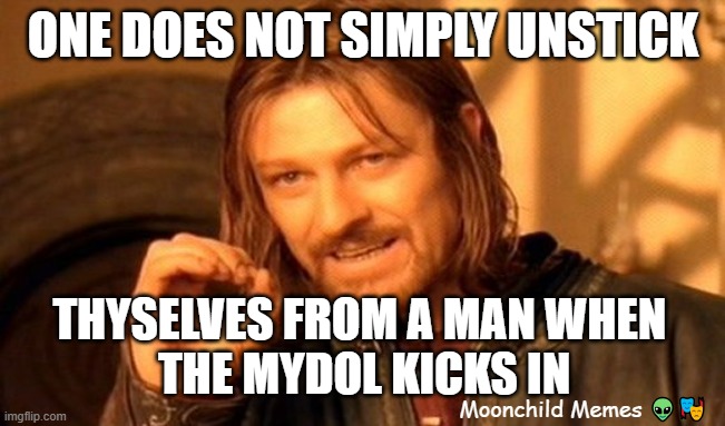 Menopause - One Does Not Simply | ONE DOES NOT SIMPLY UNSTICK; THYSELVES FROM A MAN WHEN 
THE MYDOL KICKS IN; Moonchild Memes 👽🎭 | image tagged in memes,one does not simply | made w/ Imgflip meme maker