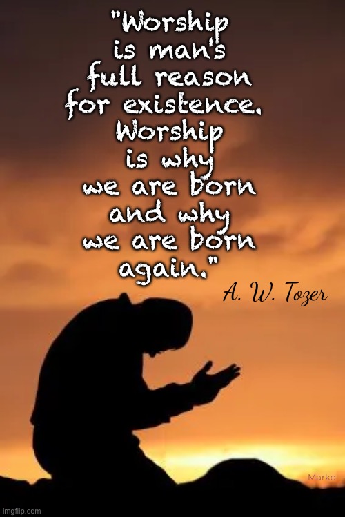 Any of This in Your Life? | "Worship
is man's
full reason
for existence. 
Worship
is why
we are born
and why
we are born
again."; A. W. Tozer; Marko | image tagged in memes,if this is missing in your life,u have not completed your growth,the worship honor n glory of your creator god | made w/ Imgflip meme maker