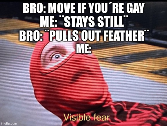 r/foundsatan in a nutshell | BRO: MOVE IF YOU´RE GAY; ME: ¨STAYS STILL¨; BRO: ¨PULLS OUT FEATHER¨; ME: | image tagged in tobey maguire spider-man visible fear | made w/ Imgflip meme maker