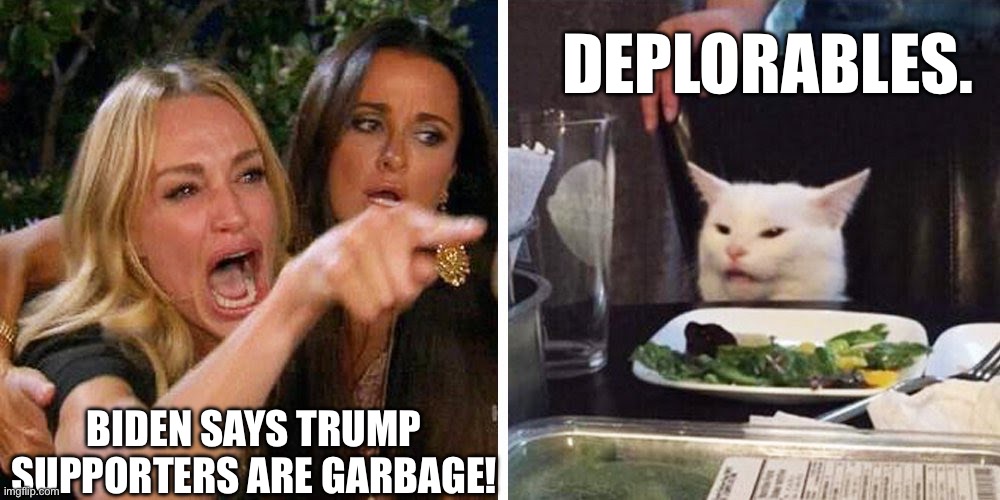 Biden Calls Trump Supporters GARBAGE! | DEPLORABLES. BIDEN SAYS TRUMP SUPPORTERS ARE GARBAGE! | image tagged in smudge the cat,biden garbage,garbage,biden gaffe,trump supporters garbage | made w/ Imgflip meme maker