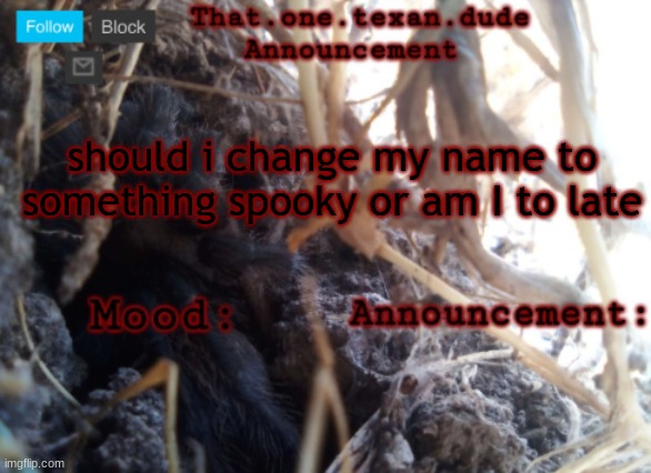 i'm finally able to now | should i change my name to something spooky or am I to late | image tagged in the that one texan dude announcement template | made w/ Imgflip meme maker