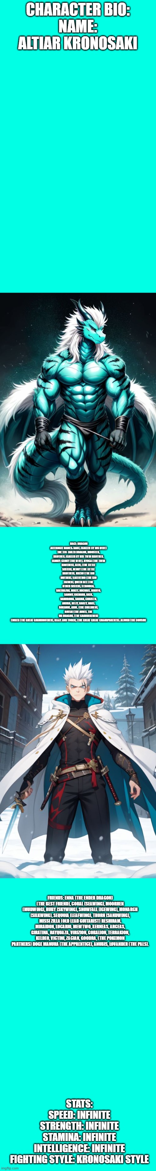 MY OC BIO | CHARACTER BIO:

NAME: ALTIAR KRONOSAKI; RACE: DRAGON

ALTERNATE NAMES: BABE; (CALLED BY HIS WIFE) THE TEN-TAILED DRAGON, MONSTER, BROTHER. (CALLED BY HIS TWIN BROTHER.

FAMILY: GLORY (THE WIFE), RYUGA (THE TWIN BROTHER), CLEO, (THE LITTLE SISTER), HENRY (THE LITTLE BROTHER), KRESU (THE BIO MOTHER), VALENTINO (THE BIO FATHER), QUEEN BEE (THE OTHER SISTER), VERONICA, BALTHAZAR, MIKEY, MICHAEL, OIKUTO, SAMMY, RICHARD, RICK, SAKUROMA, SARINA, CHRISTII, AKIIRA, NELLY, RAILEY, HAILI, ROXANNE, AXOL. (THE CHILDREN), OJUTAI (THE AUNT), THE UR DRAGON, (THE GRANDFATHER) EMBER (THE GREAT GRANDMOTHER), BLAZE AND TORCH, (THE GREAT GREAT GRANDPARENTS). ALDUIN (THE COUSIN); FRIENDS: ENNA (THE ENDER DRAGON) (THE BEST FRIEND), CORAL (SEAWING), MOORHEN (MUDWING), RUBY (SKYWING), SNOWFALL (ICEWING), MONARCH (SILKWING), SEQUOIA (LEAFWING), THORN (SANDWING), MISSI ZILLA (OLD LEAD GUITARIST) RESHIRAM, MIRAIDON, LUCARIO, MEWTWO, XERNEAS, ARCEAS, GIRATINA, RAYQUAZA, VIRIZION, COBALION, TERRAKION, KELDEO, VICTINI, ZACIAN, GOODRA, (THE POKEMON PARTNERS) DOGE MANURA (THE APPRENTICE), ANUBIS, LOVANDER (THE PALS). STATS:

SPEED: INFINITE

STRENGTH: INFINITE

STAMINA: INFINITE

INTELLIGENCE: INFINITE

FIGHTING STYLE: KRONOSAKI STYLE | image tagged in bio | made w/ Imgflip meme maker