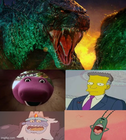 Godzilla roars at 4 villains | image tagged in godzilla roars at who,godzilla,scared | made w/ Imgflip meme maker