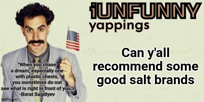 iUnFunny late 2024 template | Can y'all recommend some good salt brands | image tagged in iunfunny late 2024 template | made w/ Imgflip meme maker