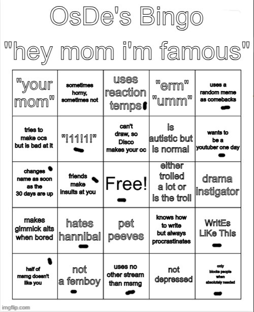 OsDe's Bingo | image tagged in osde's bingo | made w/ Imgflip meme maker