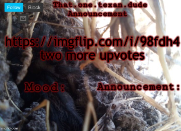 THE that.one.texan.dude announcement template | https://imgflip.com/i/98fdh4 two more upvotes | image tagged in the that one texan dude announcement template | made w/ Imgflip meme maker