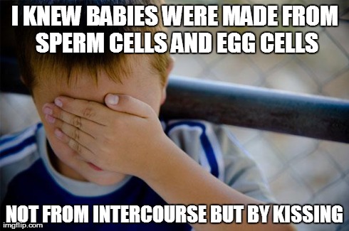 Confession Kid | I KNEW BABIES WERE MADE FROM SPERM CELLS AND EGG CELLS NOT FROM INTERCOURSE BUT BY KISSING | image tagged in memes,confession kid,AdviceAnimals | made w/ Imgflip meme maker