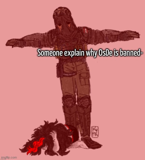 AFK t-posing over Claire ty kyfa | Someone explain why OsDe is banned- | image tagged in afk t-posing over claire ty kyfa | made w/ Imgflip meme maker