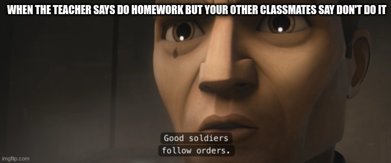 tup | WHEN THE TEACHER SAYS DO HOMEWORK BUT YOUR OTHER CLASSMATES SAY DON'T DO IT | image tagged in good soldiers follow orders | made w/ Imgflip meme maker