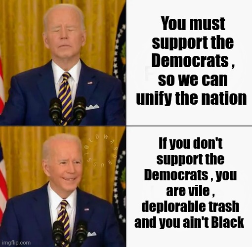 Can't we all just get along | You must support the Democrats , so we can unify the nation; If you don't support the Democrats , you are vile , deplorable trash and you ain't Black | image tagged in brandon and joe bling,democrats democratting,party of hate,unity,well yes but actually no,divide and conquer | made w/ Imgflip meme maker