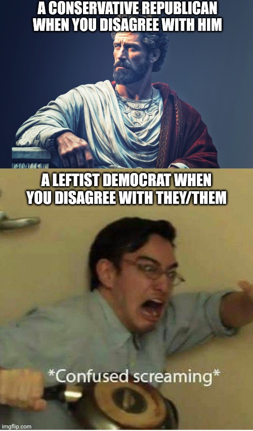 Rational Republic or Deranged Democracy ? | A CONSERVATIVE REPUBLICAN WHEN YOU DISAGREE WITH HIM; A LEFTIST DEMOCRAT WHEN YOU DISAGREE WITH THEY/THEM | image tagged in marcus aurelius,confused screaming,republicans,conservatives,leftists,democrats | made w/ Imgflip meme maker