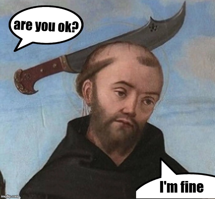 I'm Fine | are you ok? I'm fine | image tagged in medieval monk | made w/ Imgflip meme maker