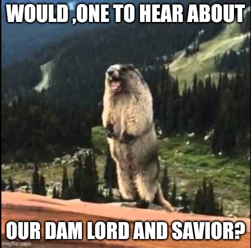 Screaming beaver | WOULD ,ONE TO HEAR ABOUT OUR DAM LORD AND SAVIOR? | image tagged in screaming beaver | made w/ Imgflip meme maker