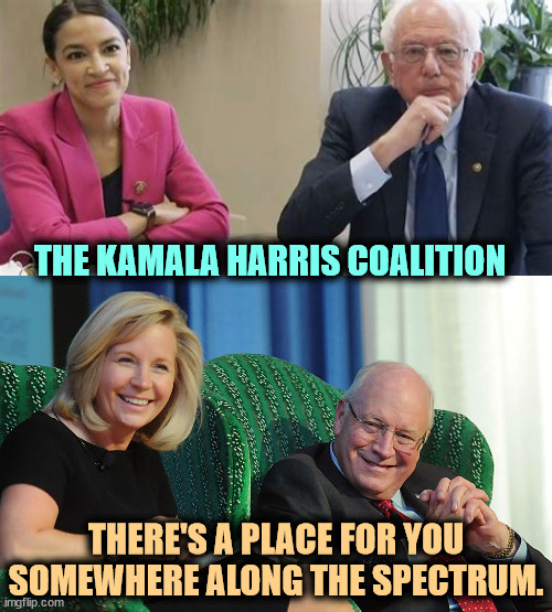 Everybody's welcome. We don't demonize anyone. | THE KAMALA HARRIS COALITION; THERE'S A PLACE FOR YOU SOMEWHERE ALONG THE SPECTRUM. | image tagged in kamala harris,aoc,bernie sanders,liz cheney,dick cheney,coalition | made w/ Imgflip meme maker