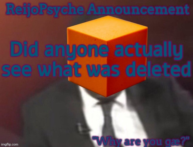 ReijoPsyche Announcement (steal if you're gay) | Did anyone actually see what was deleted | image tagged in reijopsyche announcement steal if you're gay | made w/ Imgflip meme maker