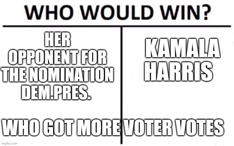 Oh wait she didn't have one , she was installed like  JOE was .. now its her turn. | HER OPPONENT FOR THE NOMINATION DEM.PRES. KAMALA HARRIS; WHO GOT MORE VOTER VOTES | image tagged in memes,who would win | made w/ Imgflip meme maker