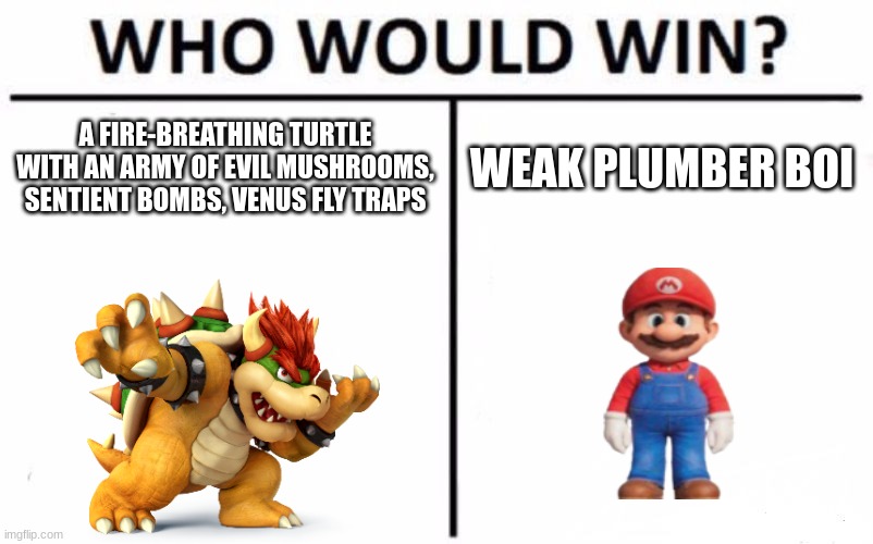 mario always wins | A FIRE-BREATHING TURTLE WITH AN ARMY OF EVIL MUSHROOMS, SENTIENT BOMBS, VENUS FLY TRAPS; WEAK PLUMBER BOI | image tagged in memes,who would win | made w/ Imgflip meme maker