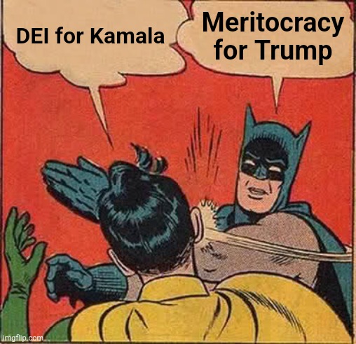 Batman Slapping Robin | DEI for Kamala; Meritocracy for Trump | image tagged in memes,batman slapping robin | made w/ Imgflip meme maker