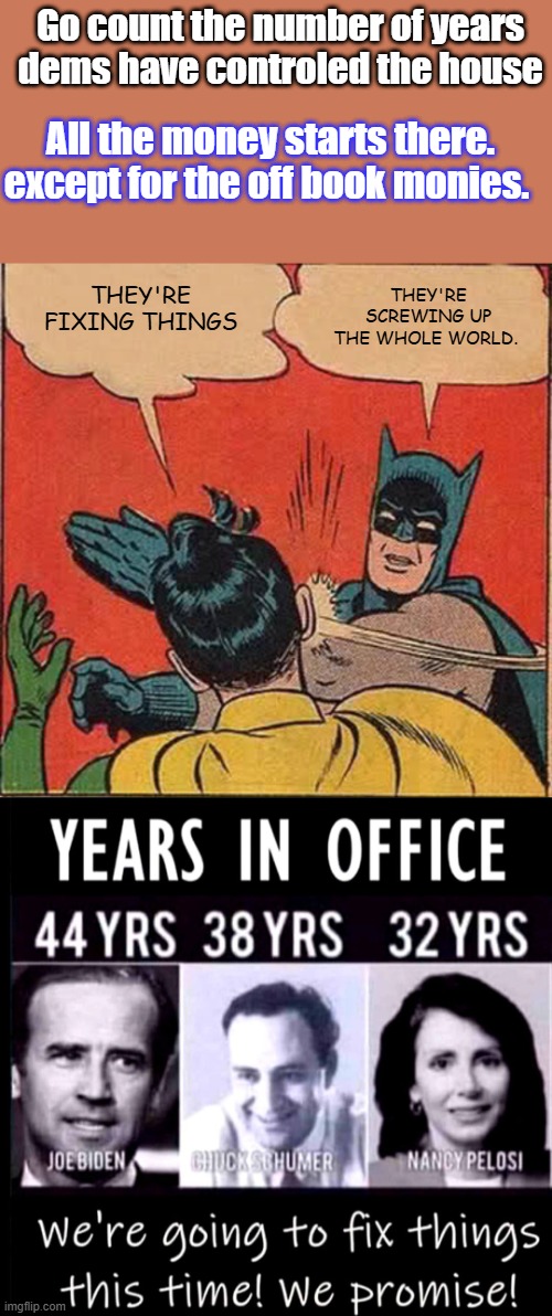 Go count the number of years dems have controled the house; All the money starts there. except for the off book monies. THEY'RE SCREWING UP THE WHOLE WORLD. THEY'RE FIXING THINGS | image tagged in memes,batman slapping robin | made w/ Imgflip meme maker