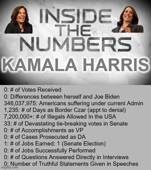 Inside the Numbers | KAMALA HARRIS; 0: # of Votes Received
0: Differences between herself and Joe Biden
346,037,975: Americans suffering under current Admin
1,235: # of Days as Border Czar (appt to denial)
7,200,000+: # of Illegals Allowed In the USA
33: # of Devastating tie-breaking votes in Senate
0: # of Accomplishments as VP
0: # of Cases Prosecuted as DA
1: # of Jobs Earned: 1 (Senate Election)
0: # of Jobs Successfully Performed
0: # of Questions Answered Directly in Interviews
0: Number of Truthful Statements Given in Speeches | image tagged in inside the numbers,kamala harris | made w/ Imgflip meme maker