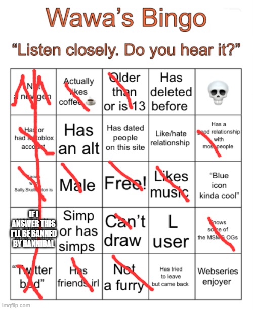 Wawa’s Bingo | IF I ANSWER THIS I'LL BE BANNED BY HANNIBAL | image tagged in wawa s bingo | made w/ Imgflip meme maker