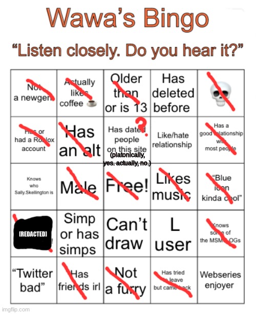 Wawa’s Bingo | (platonically, yes. actually, no.); [REDACTED] | image tagged in wawa s bingo | made w/ Imgflip meme maker