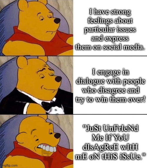 Best,Better, Blurst | I have strong feelings about particular issues and express them on social media. I engage in dialogue with people who disagree and try to win them over! "JuSt UnFrIeNd Me If YoU dIsAgReE wItH mE oN tHiS iSsUe." | image tagged in best better blurst,pooh,politics,trump,harris | made w/ Imgflip meme maker