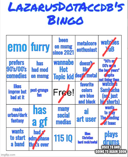 Lazarus bingo | USED TO AND GOING TO AGAIN SOON | image tagged in lazarus bingo | made w/ Imgflip meme maker