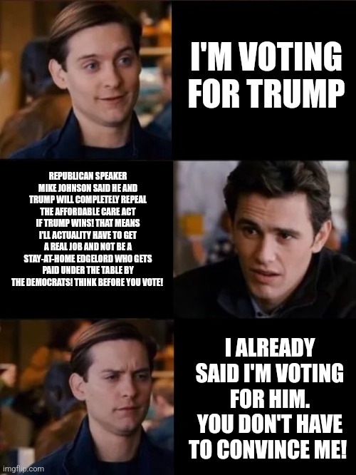 You don't have to convince me/sell it to me | I'M VOTING FOR TRUMP; REPUBLICAN SPEAKER MIKE JOHNSON SAID HE AND TRUMP WILL COMPLETELY REPEAL THE AFFORDABLE CARE ACT IF TRUMP WINS! THAT MEANS I'LL ACTUALITY HAVE TO GET A REAL JOB AND NOT BE A STAY-AT-HOME EDGELORD WHO GETS PAID UNDER THE TABLE BY THE DEMOCRATS! THINK BEFORE YOU VOTE! I ALREADY SAID I'M VOTING FOR HIM. YOU DON'T HAVE TO CONVINCE ME! | image tagged in you don't have to convince me/sell it to me | made w/ Imgflip meme maker