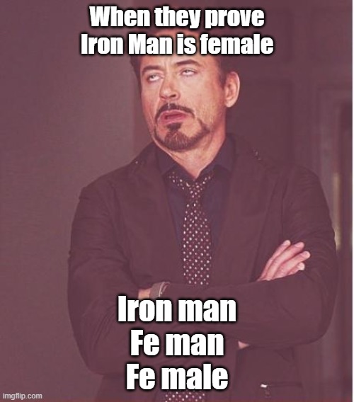 chemistry iron man joke | When they prove Iron Man is female; Iron man
Fe man
Fe male | image tagged in memes,face you make robert downey jr | made w/ Imgflip meme maker