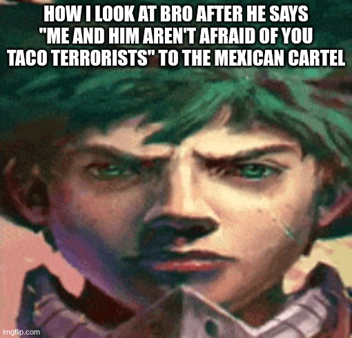 HE is cooked, I'm running | HOW I LOOK AT BRO AFTER HE SAYS "ME AND HIM AREN'T AFRAID OF YOU TACO TERRORISTS" TO THE MEXICAN CARTEL | image tagged in ai deku,certified bruh moment,i'm gonna leave now | made w/ Imgflip meme maker