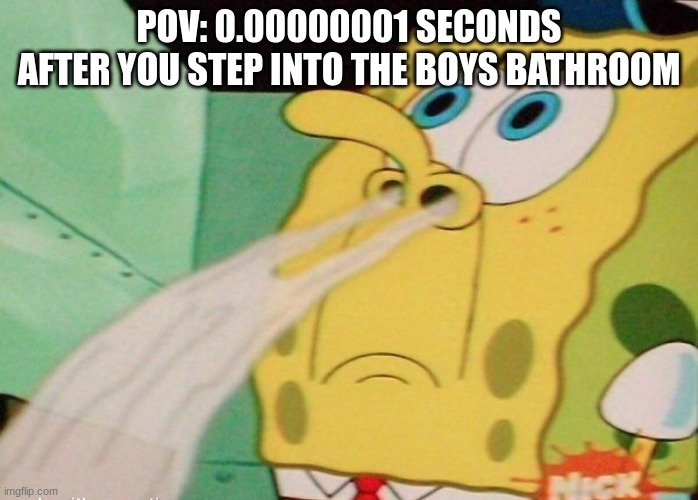 If you're a freshman this is worse ;-; | POV: 0.00000001 SECONDS AFTER YOU STEP INTO THE BOYS BATHROOM | image tagged in spongebob smelling | made w/ Imgflip meme maker