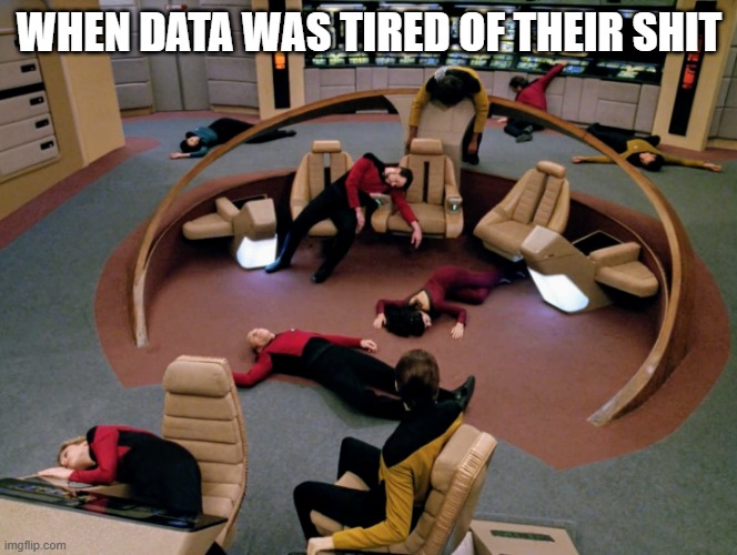 Data Pushed the Button | WHEN DATA WAS TIRED OF THEIR SHIT | image tagged in star trek | made w/ Imgflip meme maker