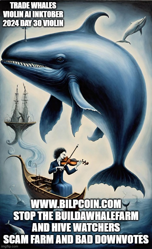 TRADE WHALES VIOLIN AI INKTOBER 2024 DAY 30 VIOLIN; WWW.BILPCOIN.COM STOP THE BUILDAWHALEFARM AND HIVE WATCHERS SCAM FARM AND BAD DOWNVOTES | made w/ Imgflip meme maker