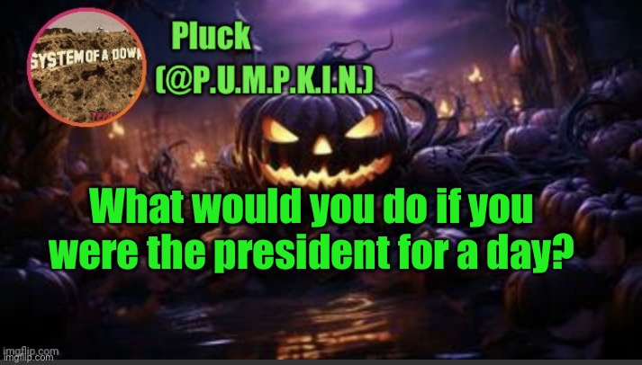 P.U.M.P.K.I.N. announcement (thanks corpse) | What would you do if you were the president for a day? | image tagged in p u m p k i n announcement thanks corpse | made w/ Imgflip meme maker